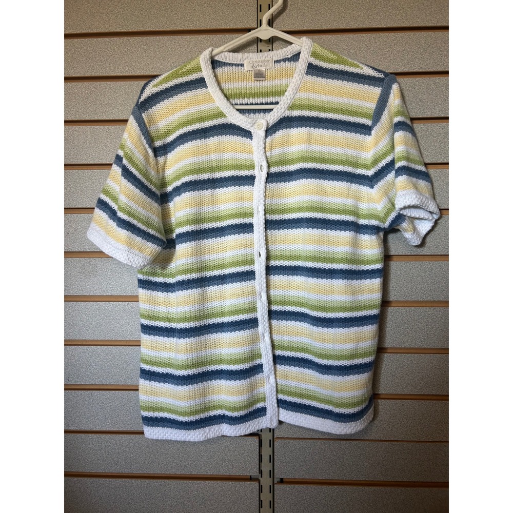 Christopher & Banks Striped Short Sleeve Cardigan XL Blue Green Yellow White